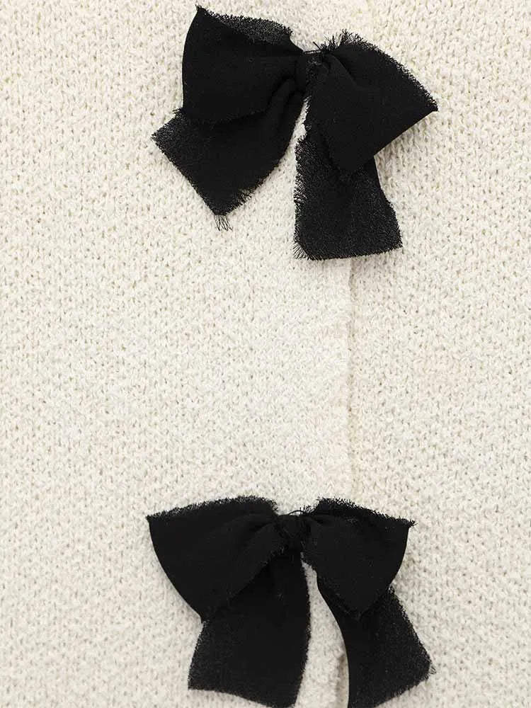 Women's Spring Knitted Short-Sleeved Jacket and Skirt Set with Bow Accent and Round Neck