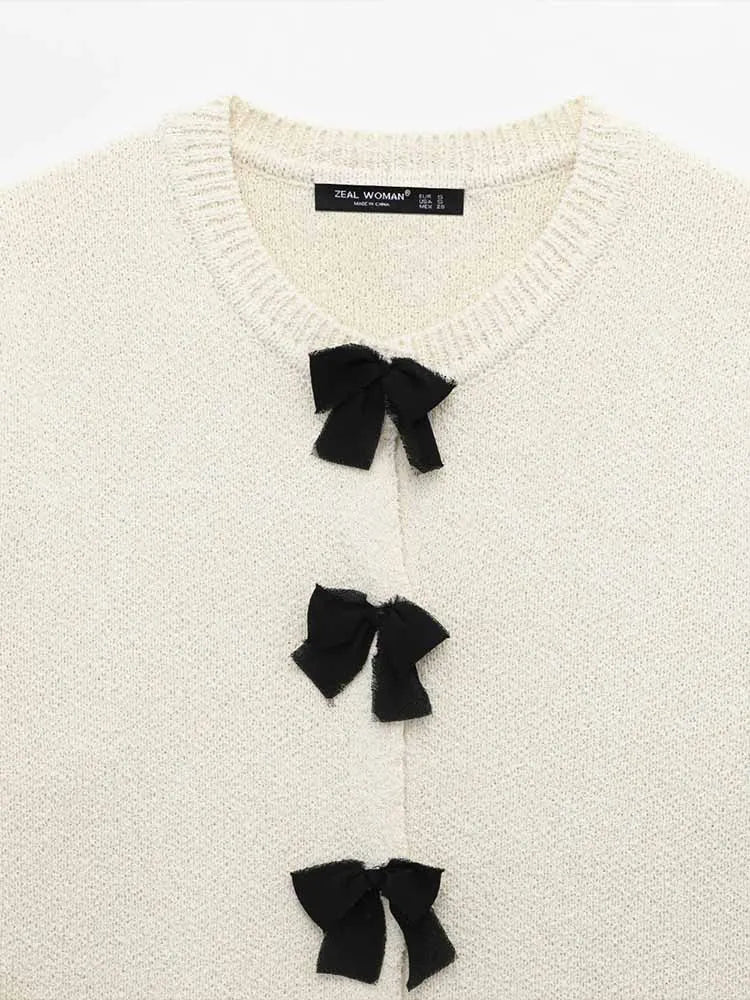 Women's Spring Knitted Short-Sleeved Jacket and Skirt Set with Bow Accent and Round Neck