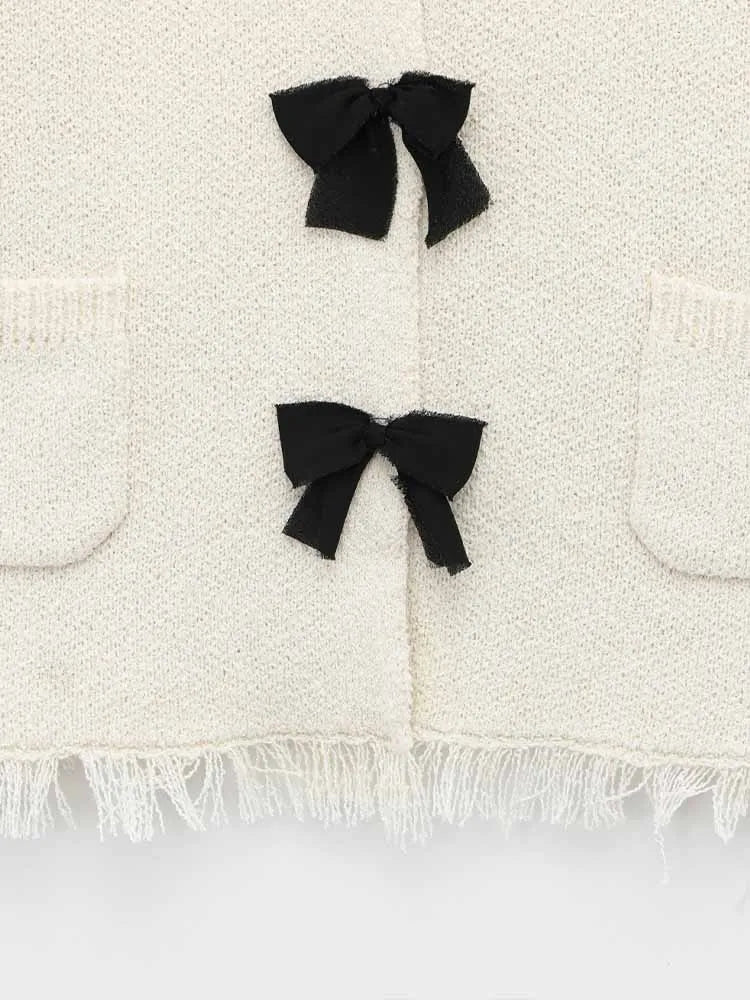 Women's Spring Knitted Short-Sleeved Jacket and Skirt Set with Bow Accent and Round Neck