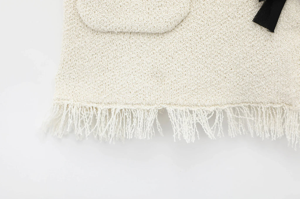 Women's Spring Knitted Short-Sleeved Jacket and Skirt Set with Bow Accent and Round Neck