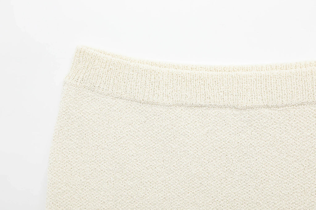 Women's Spring Knitted Short-Sleeved Jacket and Skirt Set with Bow Accent and Round Neck