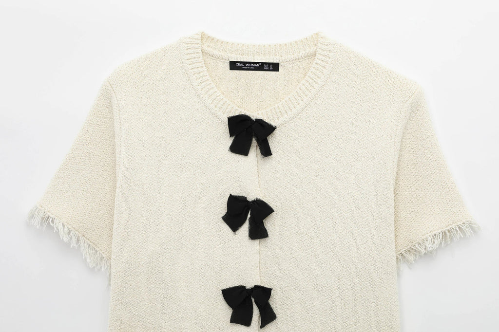 Women's Spring Knitted Short-Sleeved Jacket and Skirt Set with Bow Accent and Round Neck