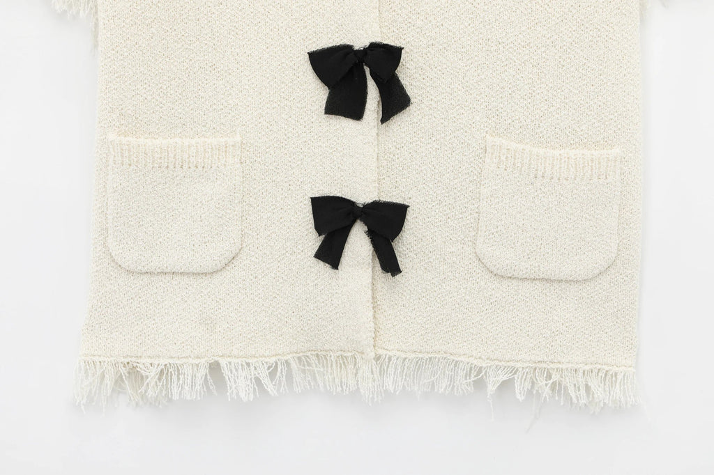 Women's Spring Knitted Short-Sleeved Jacket and Skirt Set with Bow Accent and Round Neck