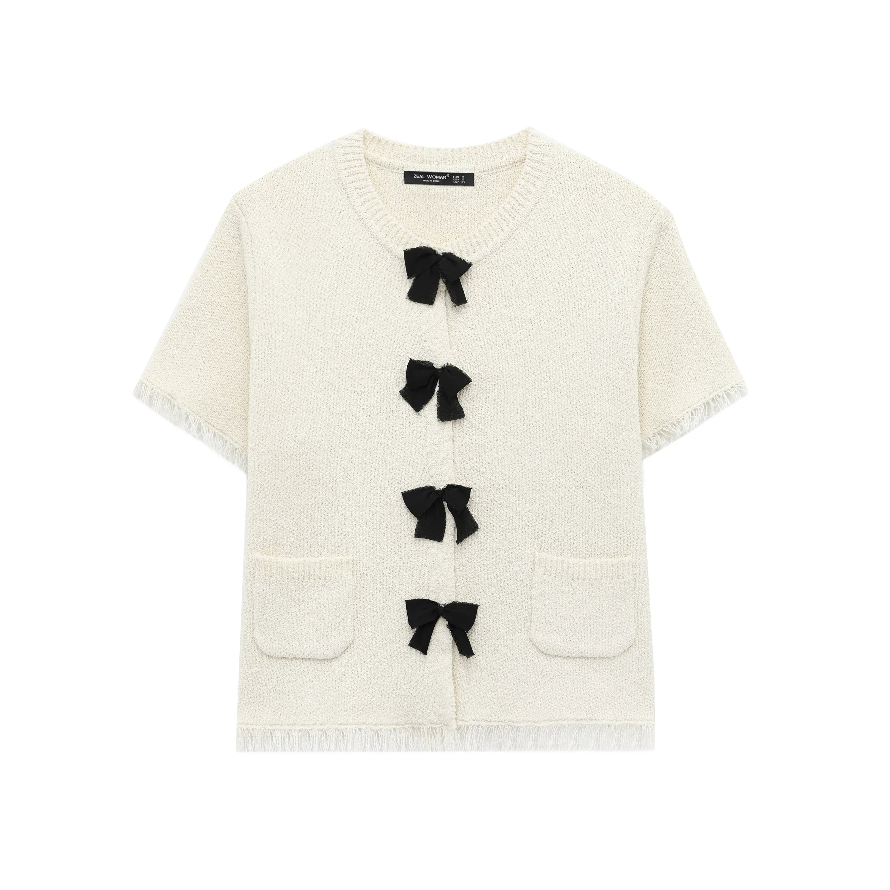 Women's Spring Knitted Short-Sleeved Jacket and Skirt Set with Bow Accent and Round Neck