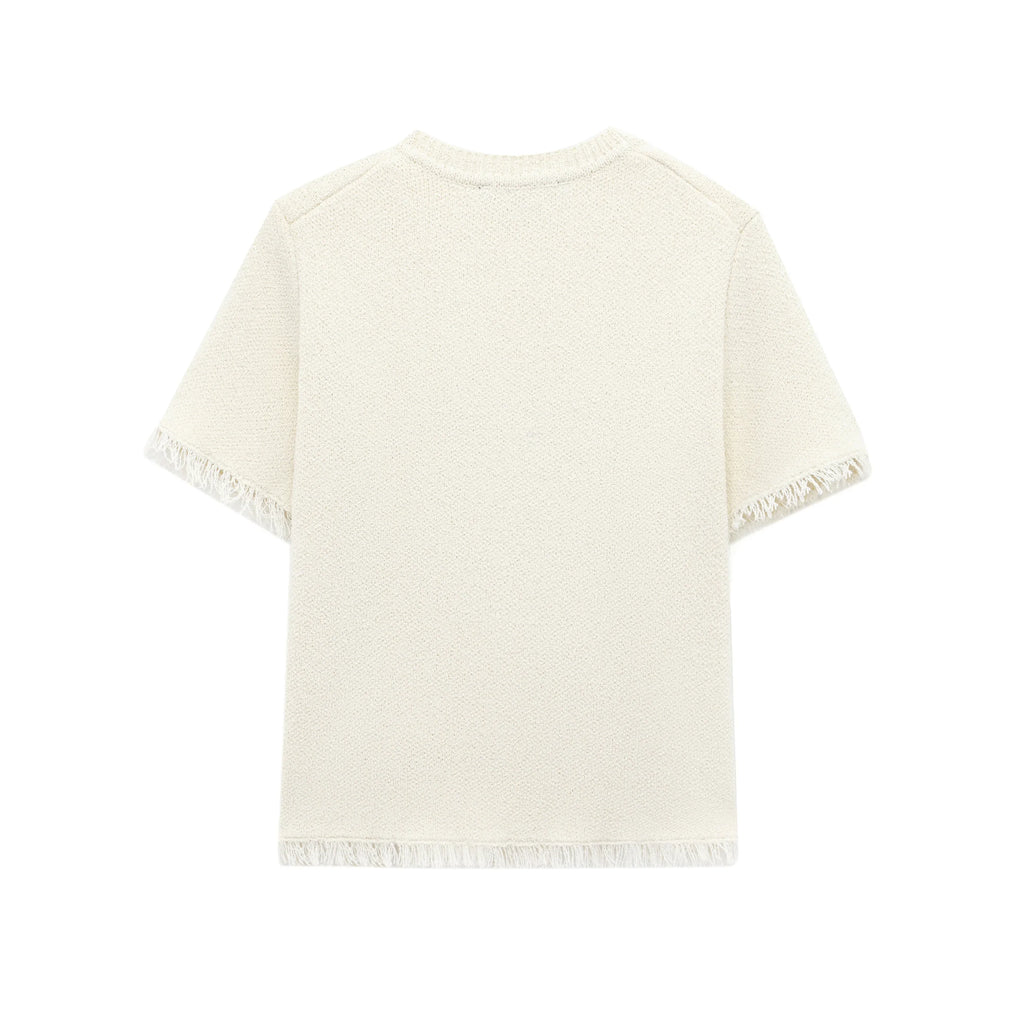 Women's Spring Knitted Short-Sleeved Jacket and Skirt Set with Bow Accent and Round Neck