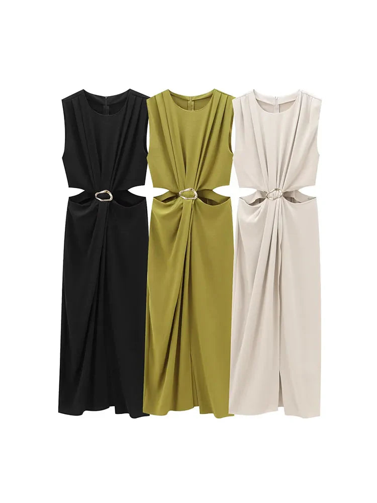 Elegant Sleeveless Long Dress with Open Design and Buckle Decorations for Autumn and Winter Fashion