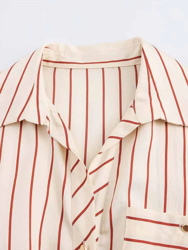 Women's Spring Long Sleeve Dress with Lapel Collar Belt and Pockets in Striped Print