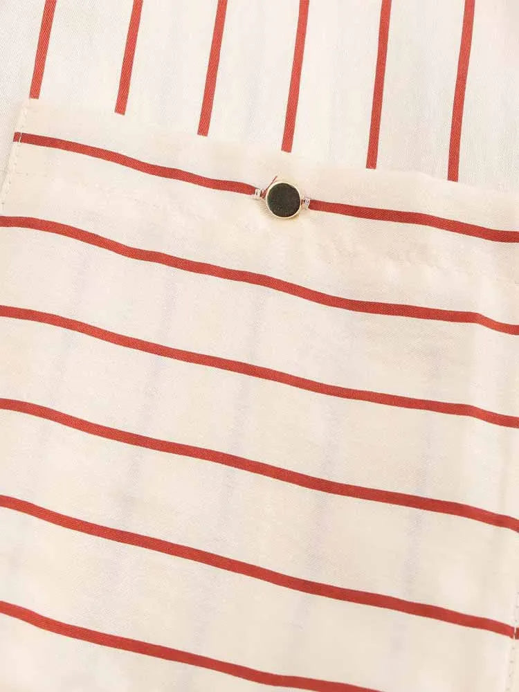 Women's Spring Long Sleeve Dress with Lapel Collar Belt and Pockets in Striped Print