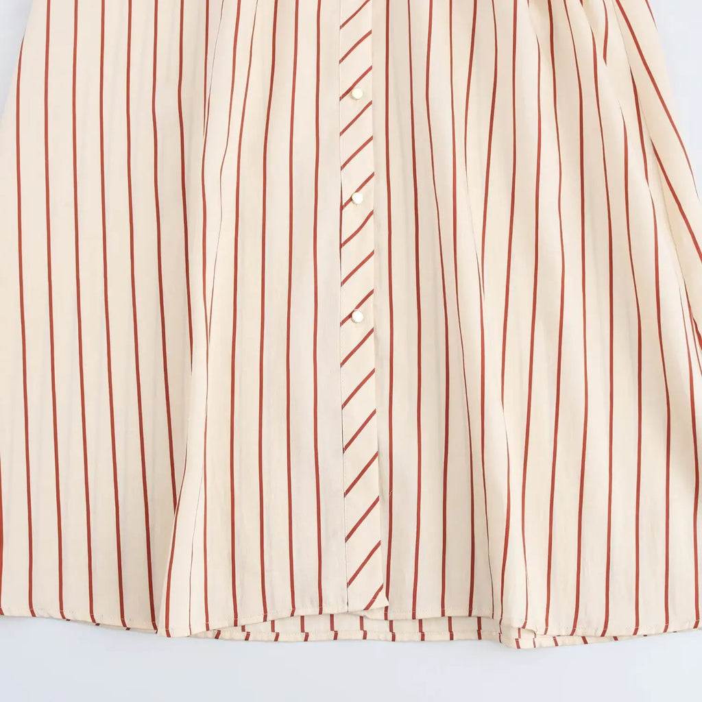 Women's Spring Long Sleeve Dress with Lapel Collar Belt and Pockets in Striped Print