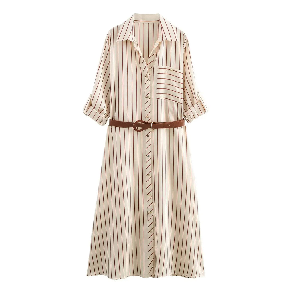 Women's Spring Long Sleeve Dress with Lapel Collar Belt and Pockets in Striped Print