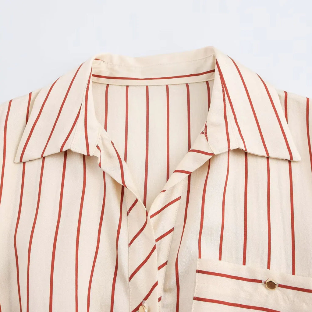 Women's Spring Long Sleeve Dress with Lapel Collar Belt and Pockets in Striped Print