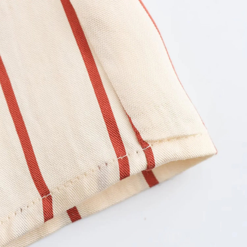 Women's Spring Long Sleeve Dress with Lapel Collar Belt and Pockets in Striped Print