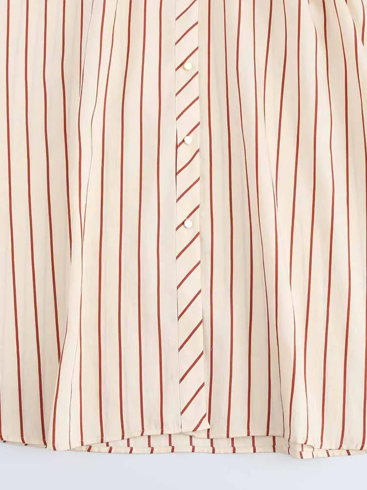 Women's Spring Long Sleeve Dress with Lapel Collar Belt and Pockets in Striped Print