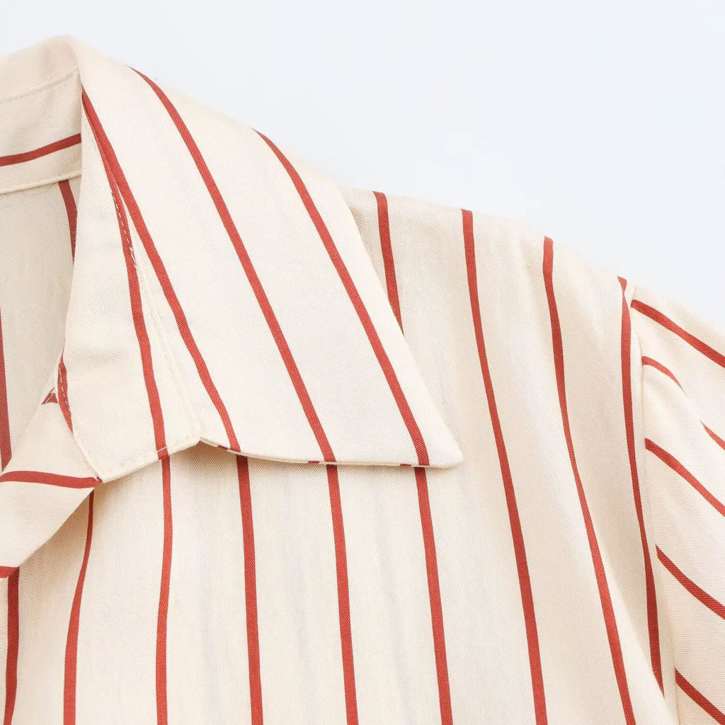 Women's Spring Long Sleeve Dress with Lapel Collar Belt and Pockets in Striped Print