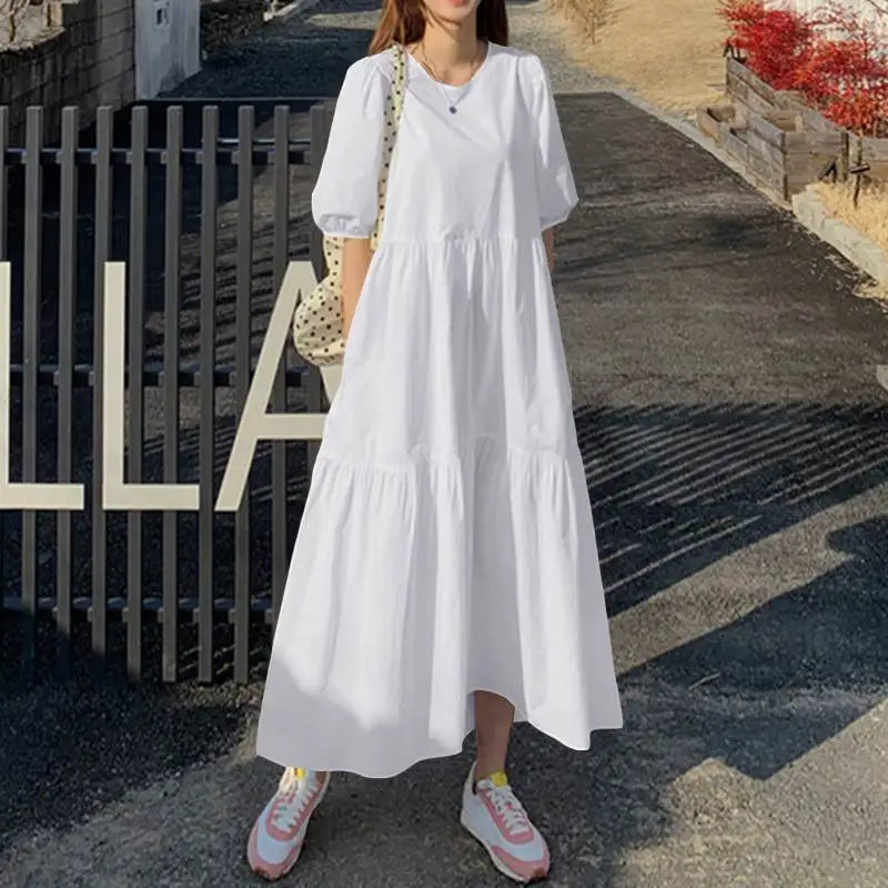 Elegant Solid Women's Summer Maxi Dress with Short Sleeves and O-Neck, Casual Loose Fit with Pockets for Family, Parties, and Holidays