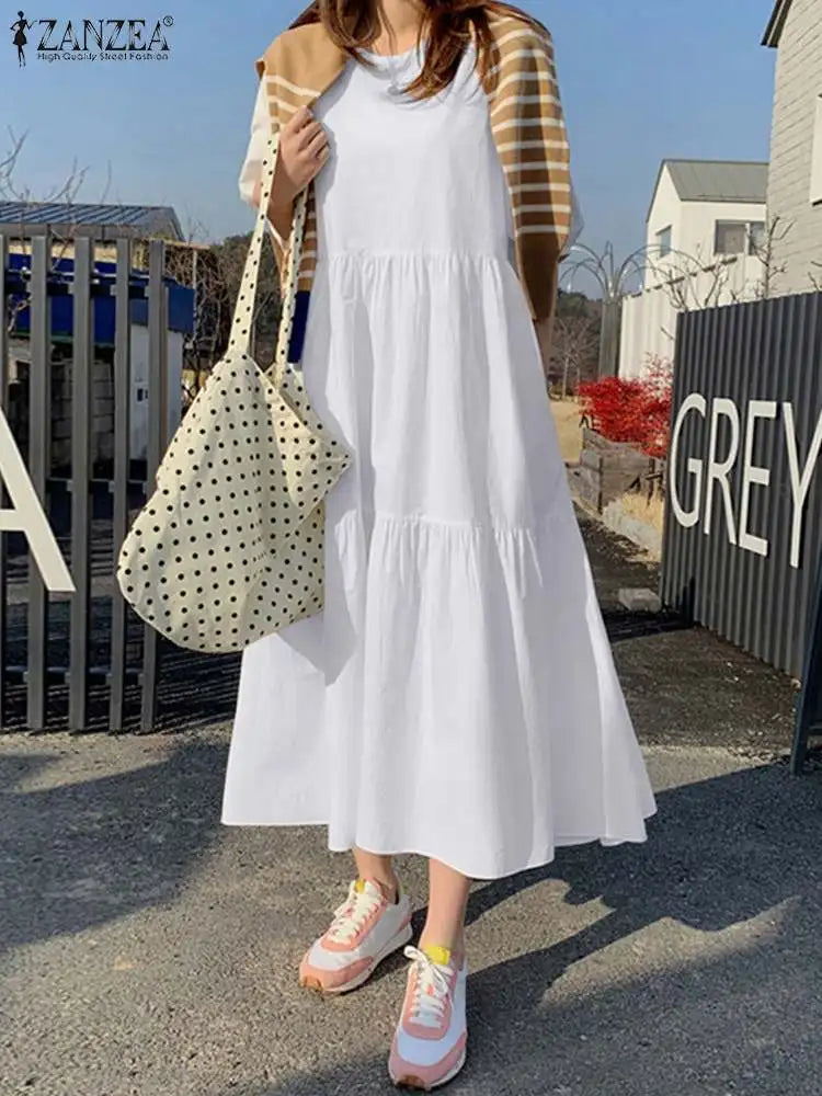 Elegant Solid Women's Summer Maxi Dress with Short Sleeves and O-Neck, Casual Loose Fit with Pockets for Family, Parties, and Holidays