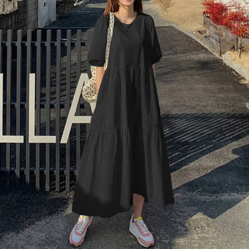 Elegant Solid Women's Summer Maxi Dress with Short Sleeves and O-Neck, Casual Loose Fit with Pockets for Family, Parties, and Holidays