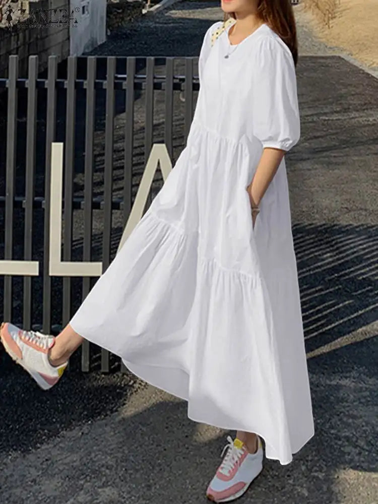 Elegant Solid Women's Summer Maxi Dress with Short Sleeves and O-Neck, Casual Loose Fit with Pockets for Family, Parties, and Holidays