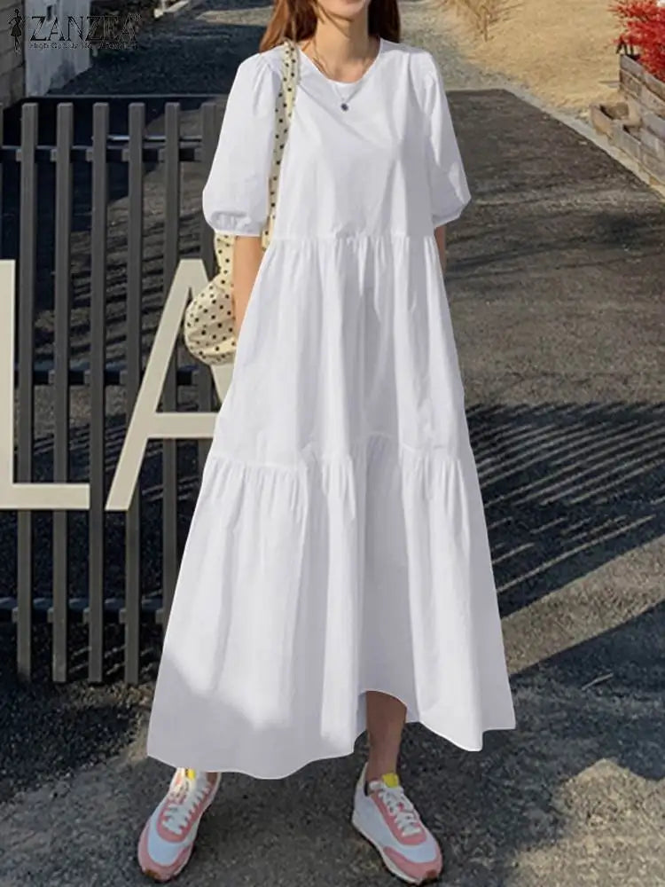 Elegant Solid Women's Summer Maxi Dress with Short Sleeves and O-Neck, Casual Loose Fit with Pockets for Family, Parties, and Holidays
