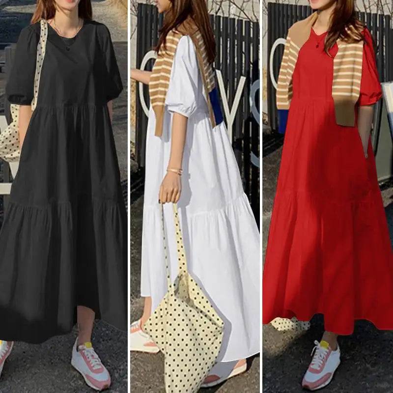 Elegant Solid Women's Summer Maxi Dress with Short Sleeves and O-Neck, Casual Loose Fit with Pockets for Family, Parties, and Holidays