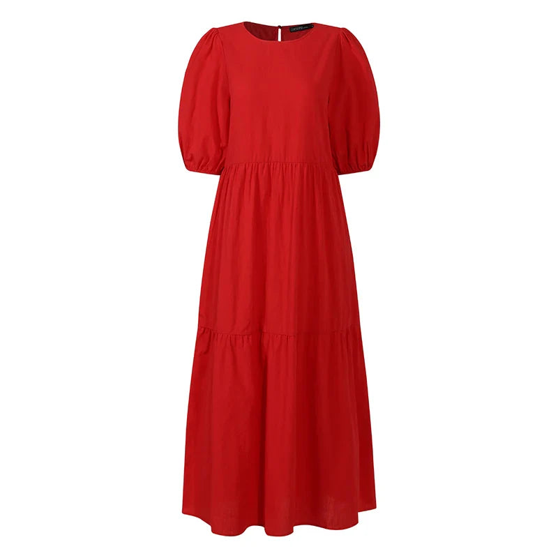Elegant Solid Women's Summer Maxi Dress with Short Sleeves and O-Neck, Casual Loose Fit with Pockets for Family, Parties, and Holidays