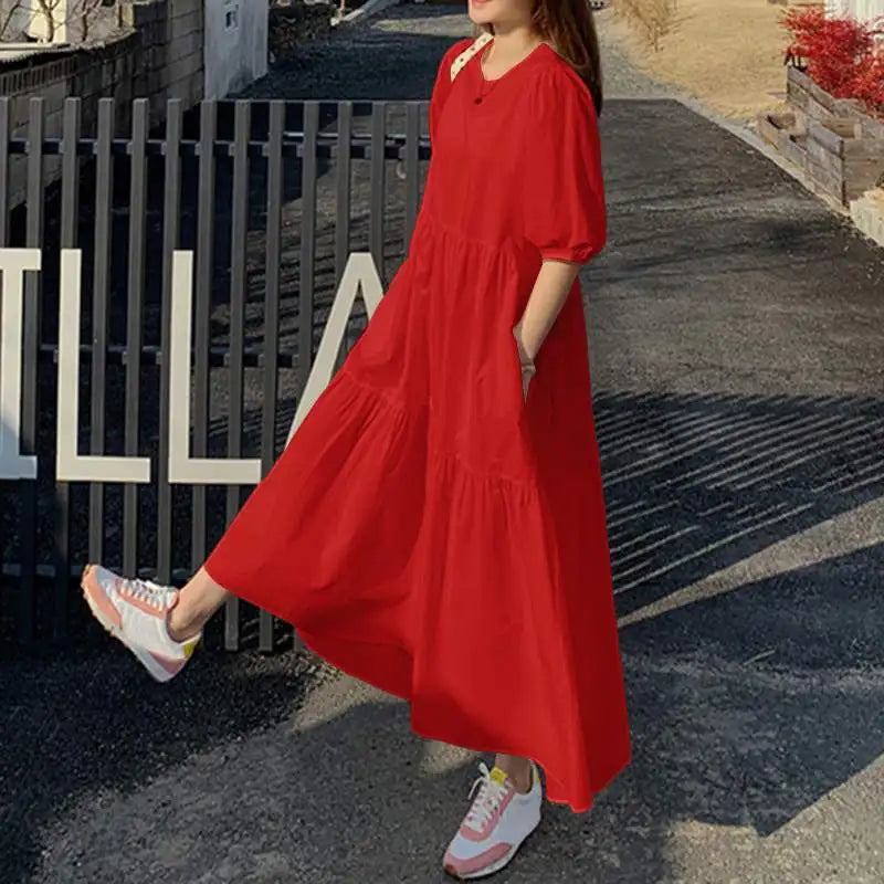 Elegant Solid Women's Summer Maxi Dress with Short Sleeves and O-Neck, Casual Loose Fit with Pockets for Family, Parties, and Holidays