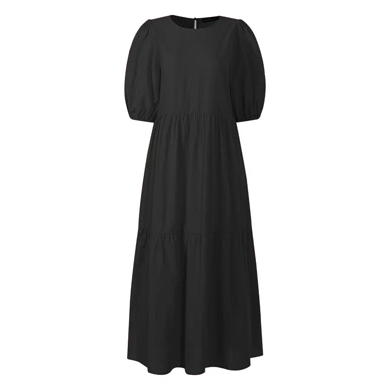 Elegant Solid Women's Summer Maxi Dress with Short Sleeves and O-Neck, Casual Loose Fit with Pockets for Family, Parties, and Holidays