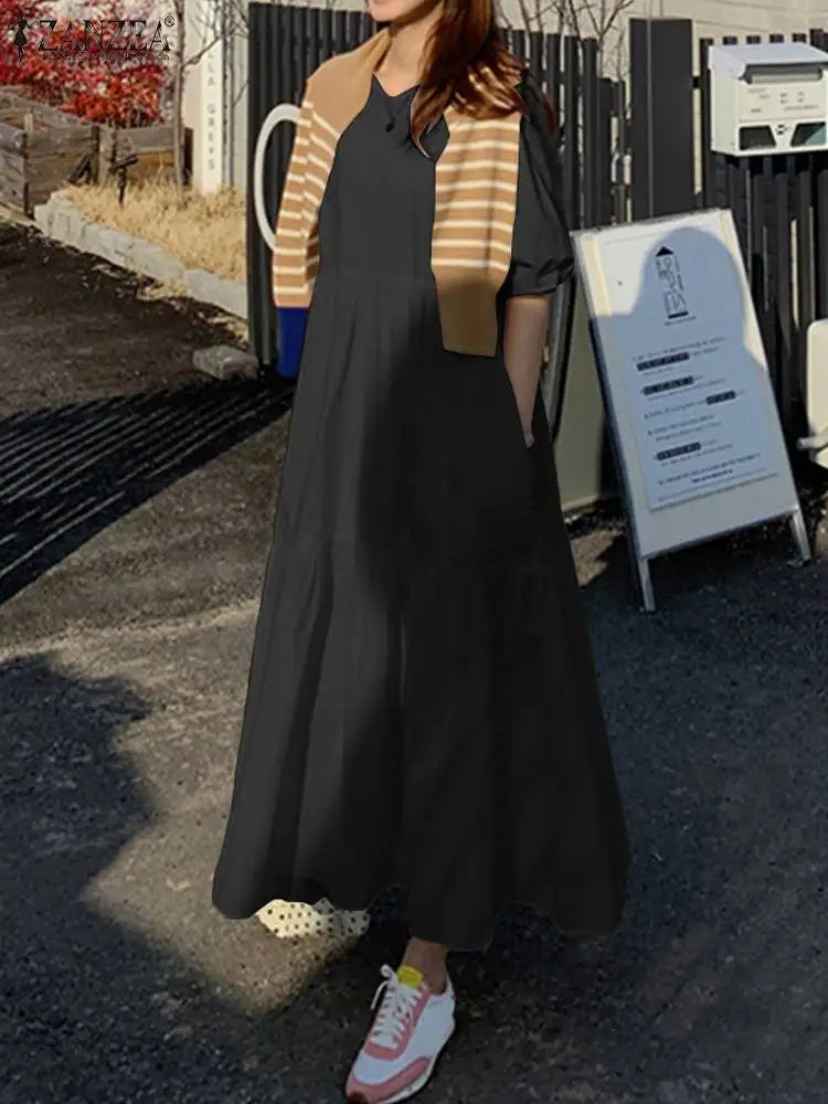 Elegant Solid Women's Summer Maxi Dress with Short Sleeves and O-Neck, Casual Loose Fit with Pockets for Family, Parties, and Holidays