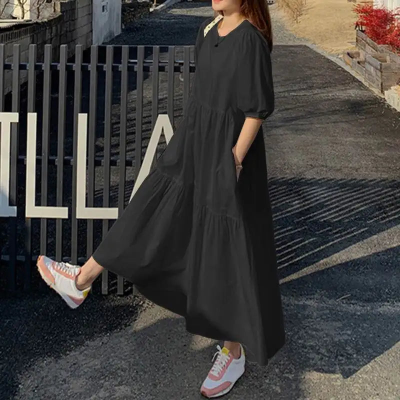 Elegant Solid Women's Summer Maxi Dress with Short Sleeves and O-Neck, Casual Loose Fit with Pockets for Family, Parties, and Holidays