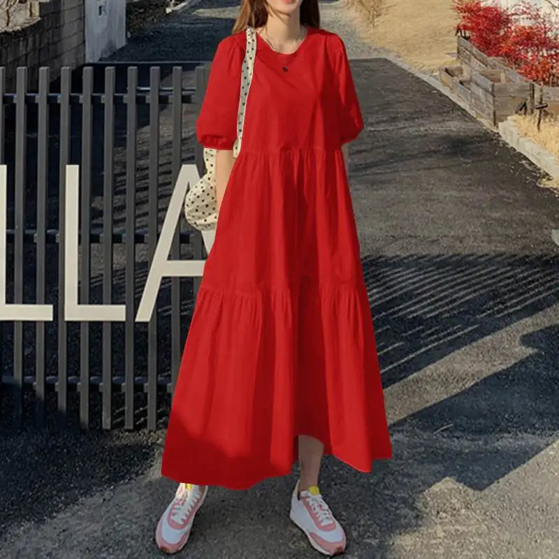 Elegant Solid Women's Summer Maxi Dress with Short Sleeves and O-Neck, Casual Loose Fit with Pockets for Family, Parties, and Holidays