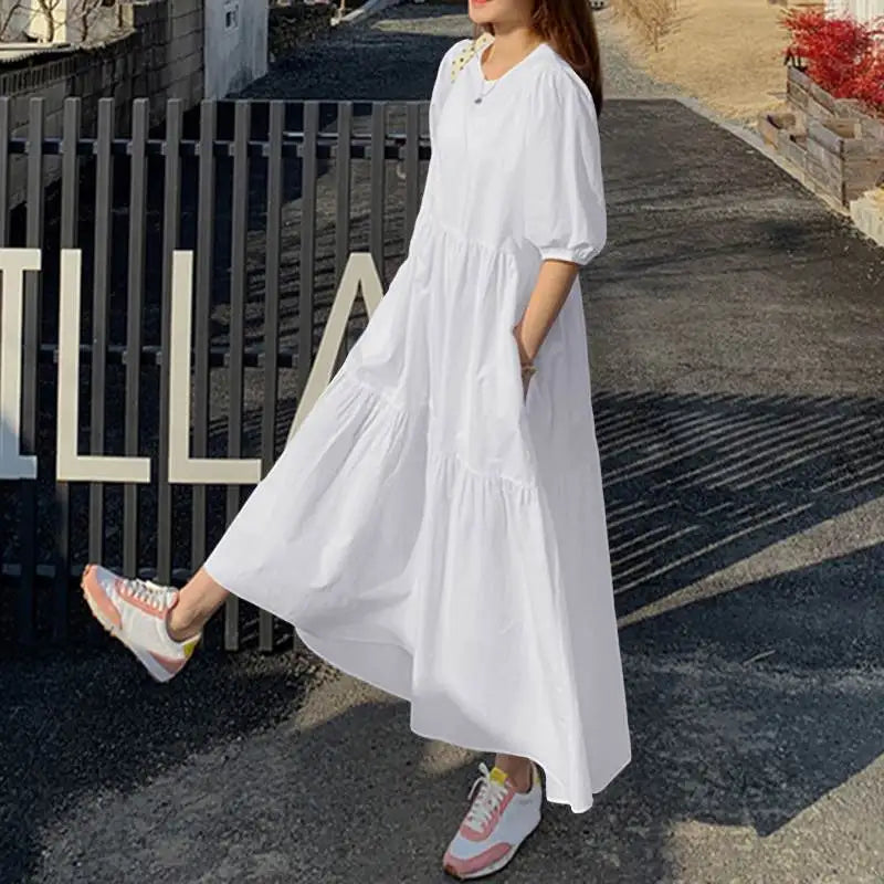 Elegant Solid Women's Summer Maxi Dress with Short Sleeves and O-Neck, Casual Loose Fit with Pockets for Family, Parties, and Holidays