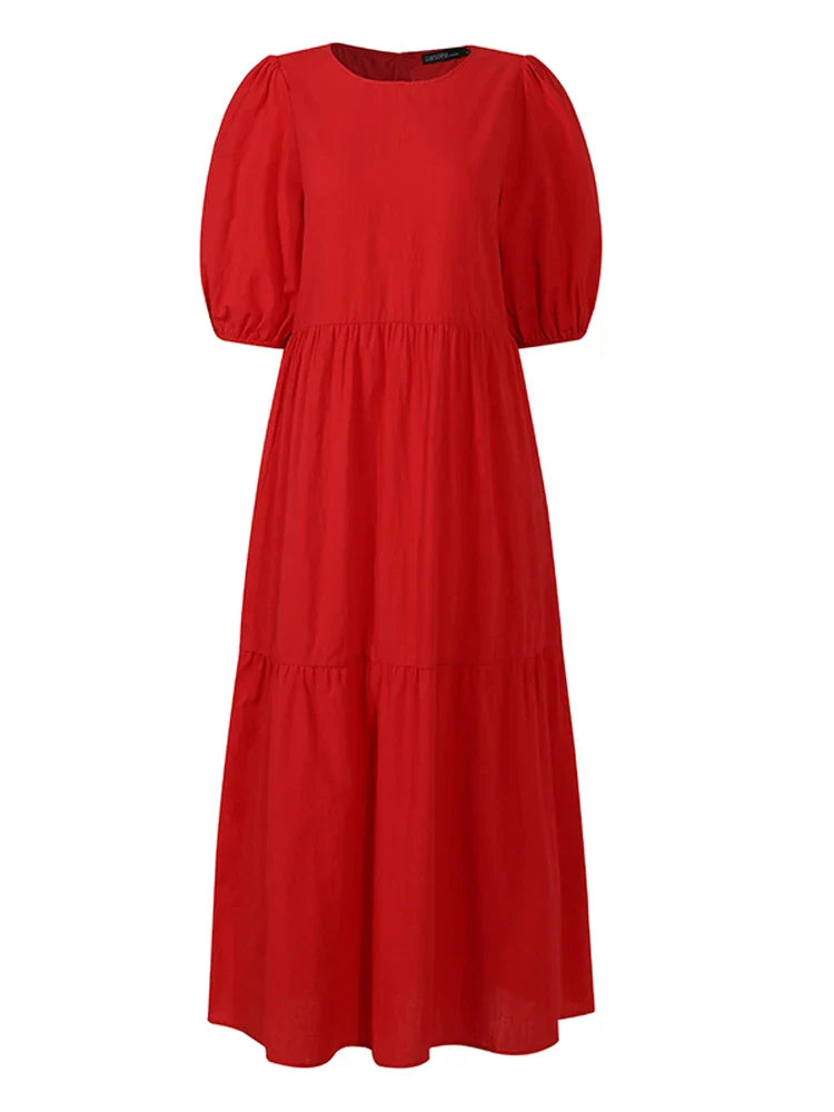 Elegant Solid Women's Summer Maxi Dress with Short Sleeves and O-Neck, Casual Loose Fit with Pockets for Family, Parties, and Holidays