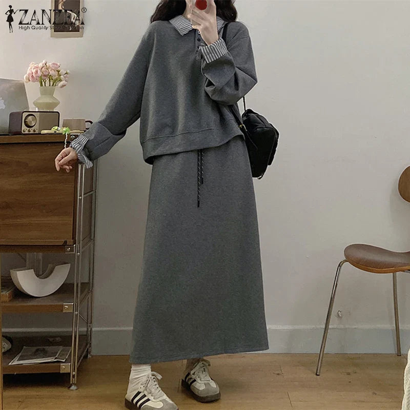 Casual Women Striped Midi Skirt and Sweatshirt Set Long Sleeve Turn-Down Collar Stretchable Top with Elastic Waist Skirt for Daily Office and Travel Wear