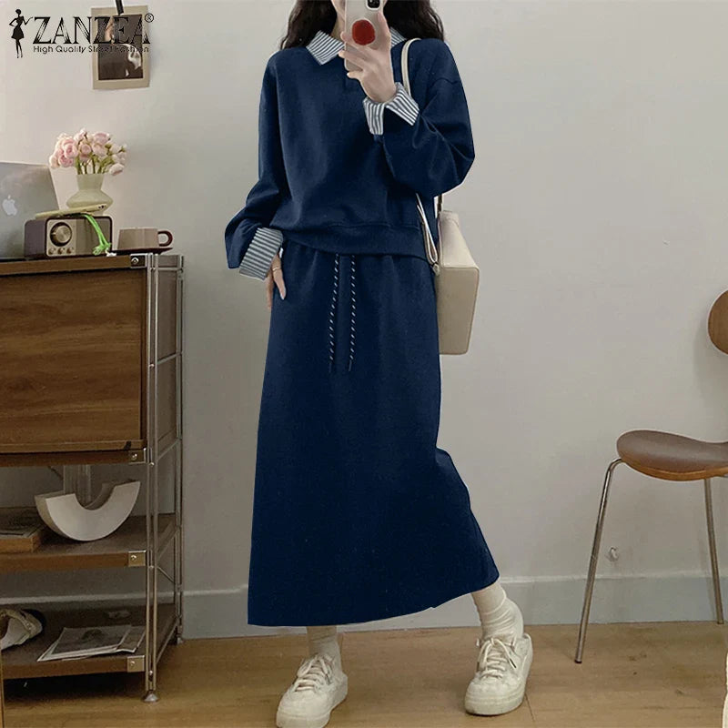 Casual Women Striped Midi Skirt and Sweatshirt Set Long Sleeve Turn-Down Collar Stretchable Top with Elastic Waist Skirt for Daily Office and Travel Wear