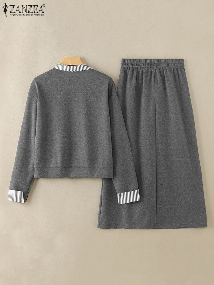 Casual Women Striped Midi Skirt and Sweatshirt Set Long Sleeve Turn-Down Collar Stretchable Top with Elastic Waist Skirt for Daily Office and Travel Wear