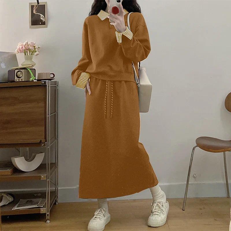 Casual Women Striped Midi Skirt and Sweatshirt Set Long Sleeve Turn-Down Collar Stretchable Top with Elastic Waist Skirt for Daily Office and Travel Wear