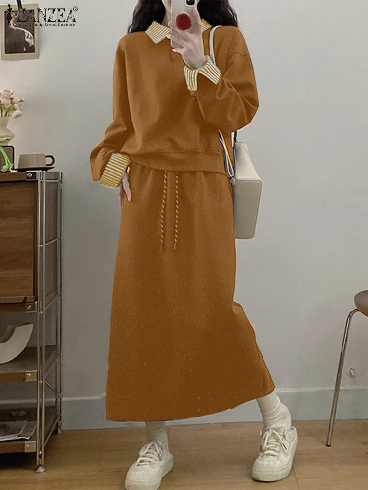 Casual Women Striped Midi Skirt and Sweatshirt Set Long Sleeve Turn-Down Collar Stretchable Top with Elastic Waist Skirt for Daily Office and Travel Wear