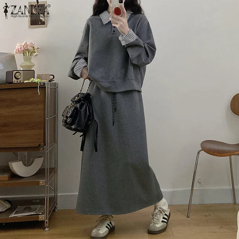 Casual Women Striped Midi Skirt and Sweatshirt Set Long Sleeve Turn-Down Collar Stretchable Top with Elastic Waist Skirt for Daily Office and Travel Wear