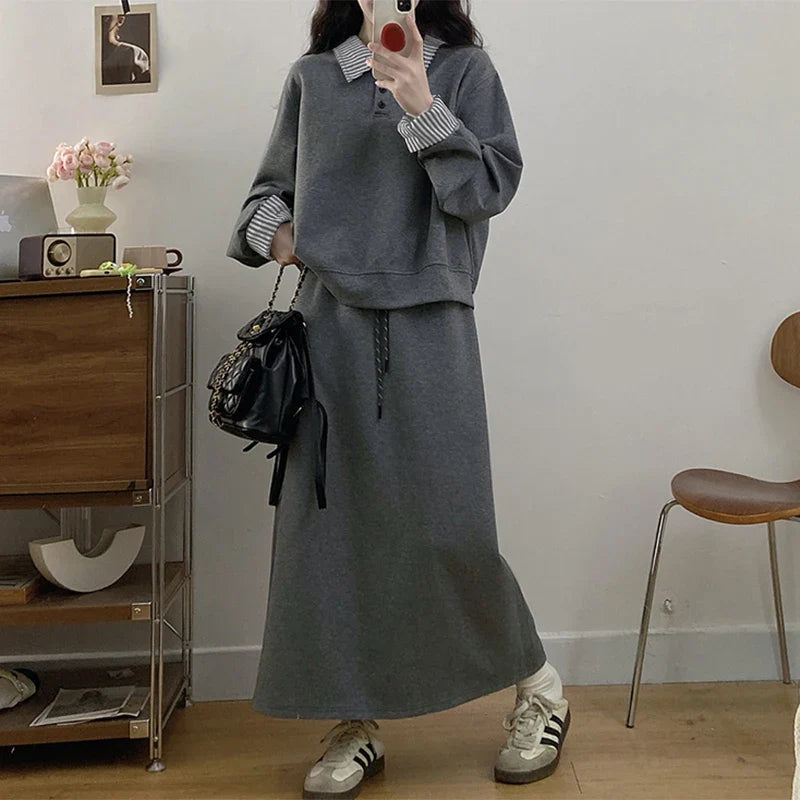 Casual Women Striped Midi Skirt and Sweatshirt Set Long Sleeve Turn-Down Collar Stretchable Top with Elastic Waist Skirt for Daily Office and Travel Wear