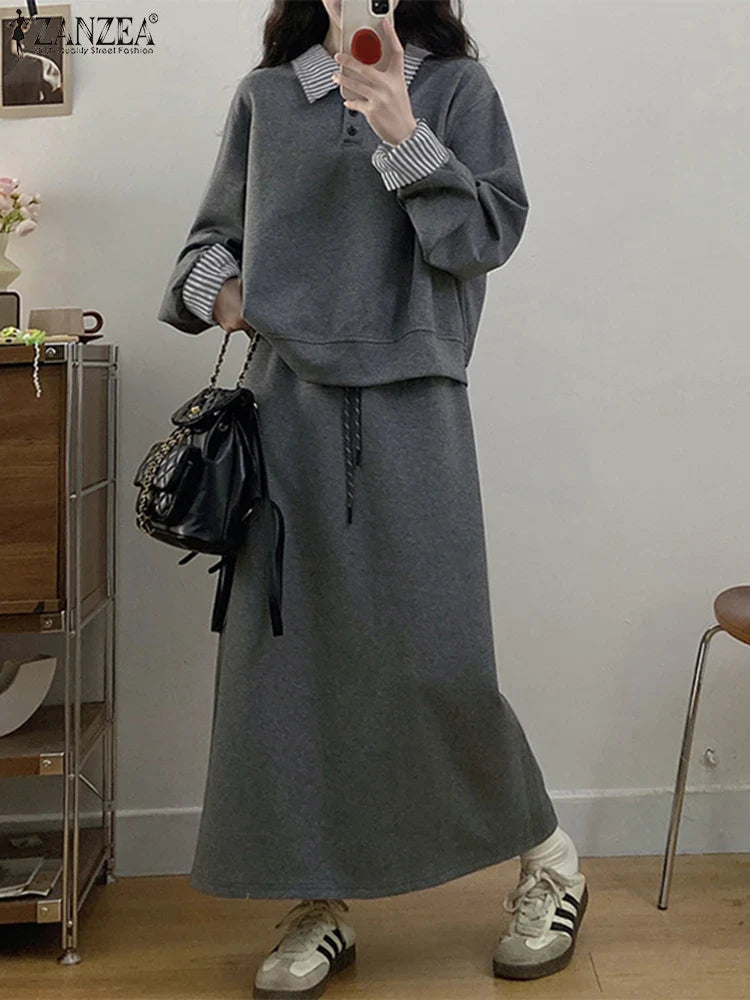 Casual Women Striped Midi Skirt and Sweatshirt Set Long Sleeve Turn-Down Collar Stretchable Top with Elastic Waist Skirt for Daily Office and Travel Wear