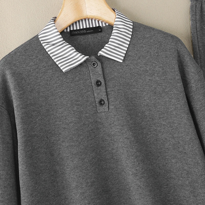 Casual Women Striped Midi Skirt and Sweatshirt Set Long Sleeve Turn-Down Collar Stretchable Top with Elastic Waist Skirt for Daily Office and Travel Wear