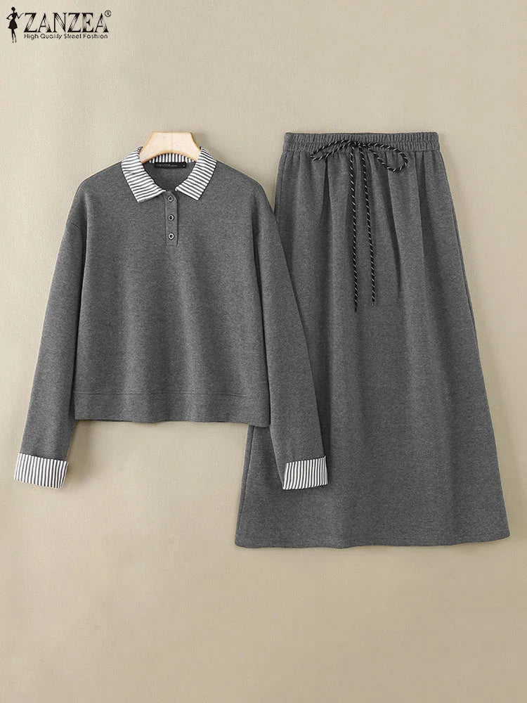 Casual Women Striped Midi Skirt and Sweatshirt Set Long Sleeve Turn-Down Collar Stretchable Top with Elastic Waist Skirt for Daily Office and Travel Wear