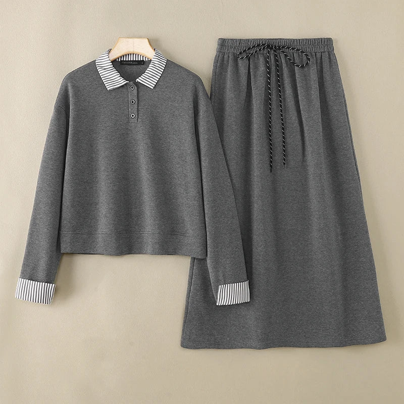 Casual Women Striped Midi Skirt and Sweatshirt Set Long Sleeve Turn-Down Collar Stretchable Top with Elastic Waist Skirt for Daily Office and Travel Wear