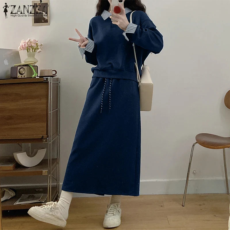 Casual Women Striped Midi Skirt and Sweatshirt Set Long Sleeve Turn-Down Collar Stretchable Top with Elastic Waist Skirt for Daily Office and Travel Wear