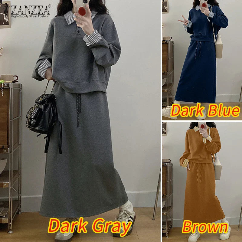 Casual Women Striped Midi Skirt and Sweatshirt Set Long Sleeve Turn-Down Collar Stretchable Top with Elastic Waist Skirt for Daily Office and Travel Wear