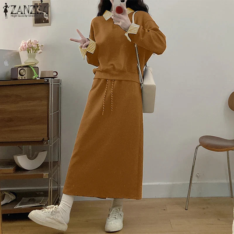 Casual Women Striped Midi Skirt and Sweatshirt Set Long Sleeve Turn-Down Collar Stretchable Top with Elastic Waist Skirt for Daily Office and Travel Wear