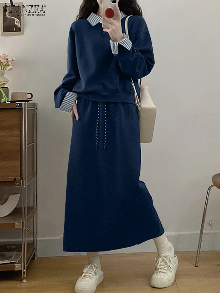 Casual Women Striped Midi Skirt and Sweatshirt Set Long Sleeve Turn-Down Collar Stretchable Top with Elastic Waist Skirt for Daily Office and Travel Wear