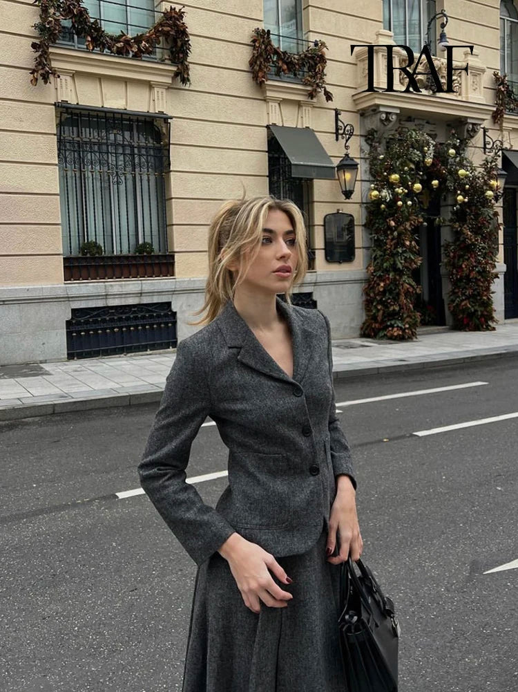 Women's Casual Commuter Two-Piece Suit Set with Single-Breasted Blazer and High-Waisted A-Line Skirt for Autumn and Winter