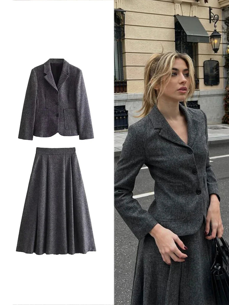 Women's Casual Commuter Two-Piece Suit Set with Single-Breasted Blazer and High-Waisted A-Line Skirt for Autumn and Winter