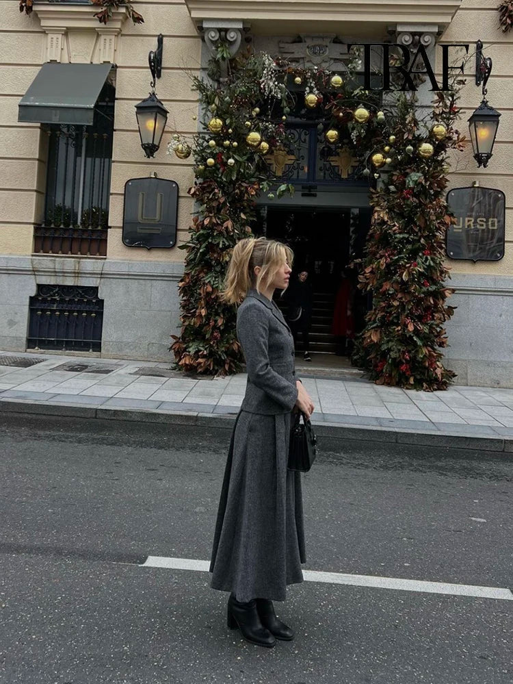 Women's Casual Commuter Two-Piece Suit Set with Single-Breasted Blazer and High-Waisted A-Line Skirt for Autumn and Winter